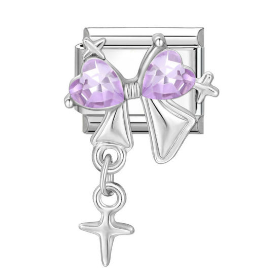 Bild von 1 Stück 304 Edelstahl Charm-Armband mit italienischen Gliedern zur Herstellung von DIY-Schmuck Silberfarbe Rechteck Schleife Amethyst Strass 10mm x 9mm