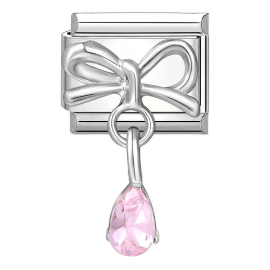Bild von 1 Stück 304 Edelstahl Charm-Armband mit italienischen Gliedern zur Herstellung von DIY-Schmuck Silberfarbe Rechteck Schleife Rosa Strass 10mm x 9mm