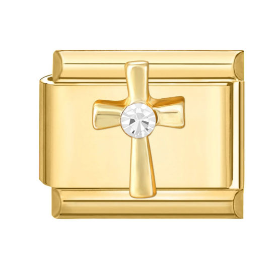 Immagine di 1 Pz 304 Acciaio Inossidabile Bracciale con Charm Italiano a Maglie, Creazione di Gioielli Fai-da-te Oro Placcato Rettangolo Croce Trasparente Strass 10mm x 9mm