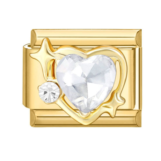 Immagine di 1 Pz 304 Acciaio Inossidabile San Valentino Bracciale con Charm Italiano a Maglie, Creazione di Gioielli Fai-da-te Oro Placcato Rettangolo Cuore Trasparente Strass 10mm x 9mm