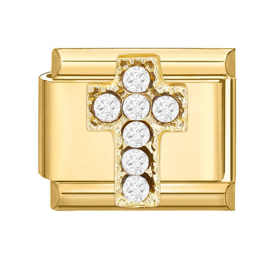 Immagine di 1 Pz 304 Acciaio Inossidabile Bracciale con Charm Italiano a Maglie, Creazione di Gioielli Fai-da-te Oro Placcato Rettangolo Croce Trasparente Strass 10mm x 9mm