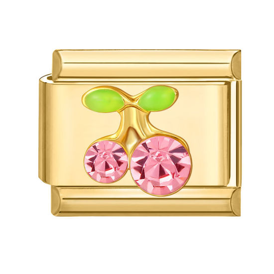 Immagine di 1 Pz 304 Acciaio Inossidabile Bracciale con Charm Italiano a Maglie, Creazione di Gioielli Fai-da-te Oro Placcato Rettangolo Ciliegia Roso Strass 10mm x 9mm