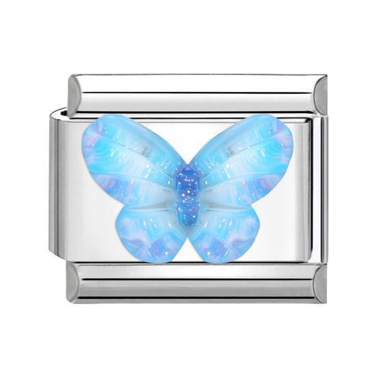 1 個 304ステンレス鋼 おしゃれ ペンダント チャーム イタリアンリンク ブレスレット作り DIY ハンドメイド ジュエリーアクセサリー シルバートーン 青 長方形 蝶 10mmx 9mm、 の画像