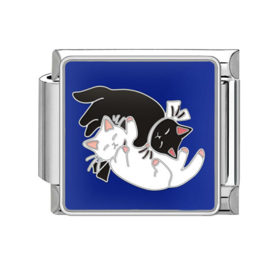 Immagine di 1 Pz 304 Acciaio Inossidabile Bracciale con Charm Italiano a Maglie, Creazione di Gioielli Fai-da-te Tono Argento Nero & Bianco Rettangolo Gatto 10mm x 9mm