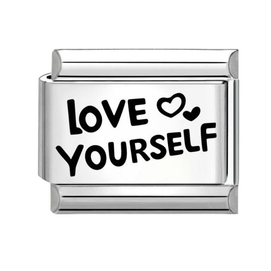 Immagine di 1 Pz 304 Acciaio Inossidabile San Valentino Bracciale con Charm Italiano a Maglie, Creazione di Gioielli Fai-da-te Tono Argento Nero Rettangolo Cuore Messaggio " Love Yourself " 10mm x 9mm