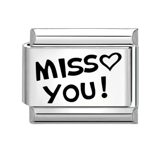 Immagine di 1 Pz 304 Acciaio Inossidabile San Valentino Bracciale con Charm Italiano a Maglie, Creazione di Gioielli Fai-da-te Tono Argento Nero Rettangolo Cuore Messaggio " Miss You " 10mm x 9mm