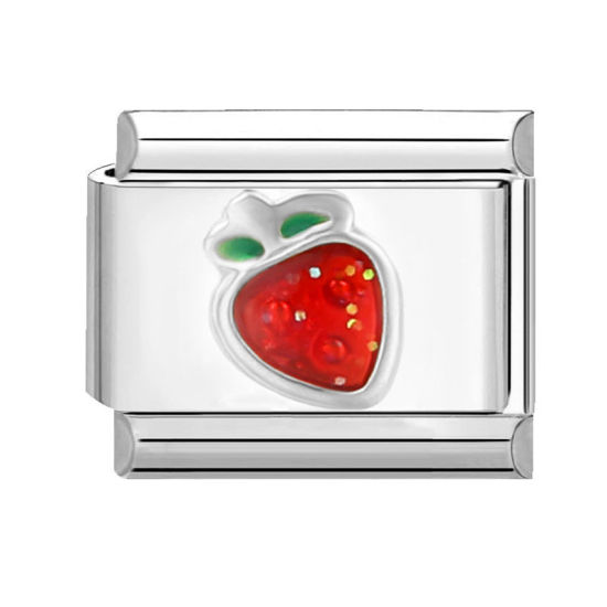 Immagine di 1 Pz 304 Acciaio Inossidabile Bracciale con Charm Italiano a Maglie, Creazione di Gioielli Fai-da-te Tono Argento Rosso Rettangolo Fragola 10mm x 9mm