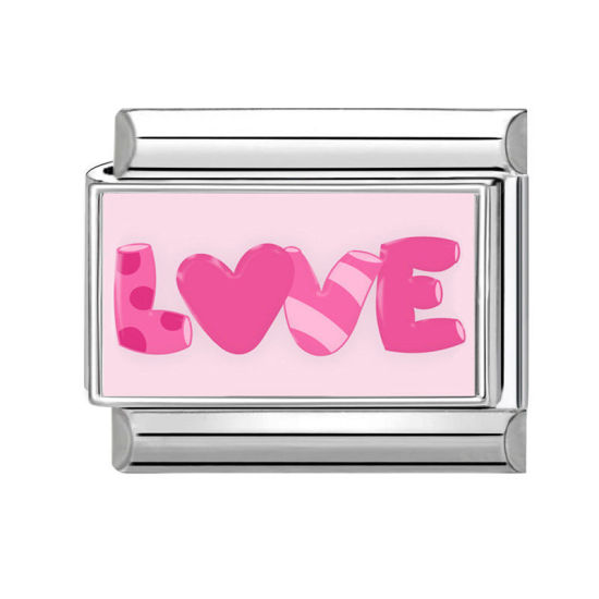 Bild von 1 Stück 304 Edelstahl Charm-Armband mit italienischen Gliedern zur Herstellung von DIY-Schmuck Silberfarbe Rosa Rechteck Message " LOVE " 10mm x 9mm