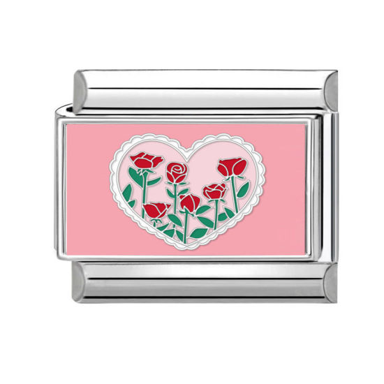 Bild von 1 Stück 304 Edelstahl Valentinstag Charm-Armband mit italienischen Gliedern zur Herstellung von DIY-Schmuck Silberfarbe Bunt Rechteck Herz 10mm x 9mm