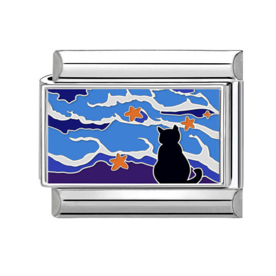 Bild von 1 Stück 304 Edelstahl Charm-Armband mit italienischen Gliedern zur Herstellung von DIY-Schmuck Silberfarbe Bunt Rechteck Katze 10mm x 9mm