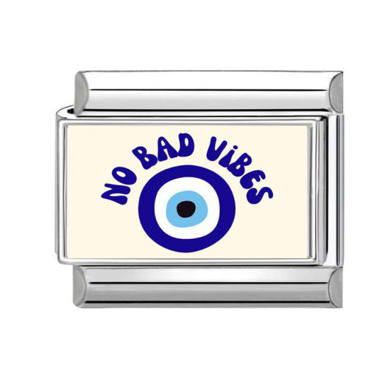 Bild von 1 Stück 304 Edelstahl Charm-Armband mit italienischen Gliedern zur Herstellung von DIY-Schmuck Silberfarbe Blau Rechteck Auge Message " NO BAD VIBES " 10mm x 9mm