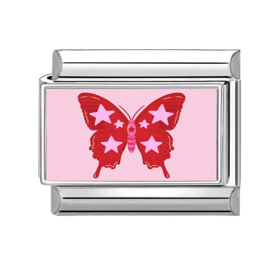 Bild von 1 Stück 304 Edelstahl Stilvoll Charm-Armband mit italienischen Gliedern zur Herstellung von DIY-Schmuck Silberfarbe Rot Rechteck Schmetterling 10mm x 9mm