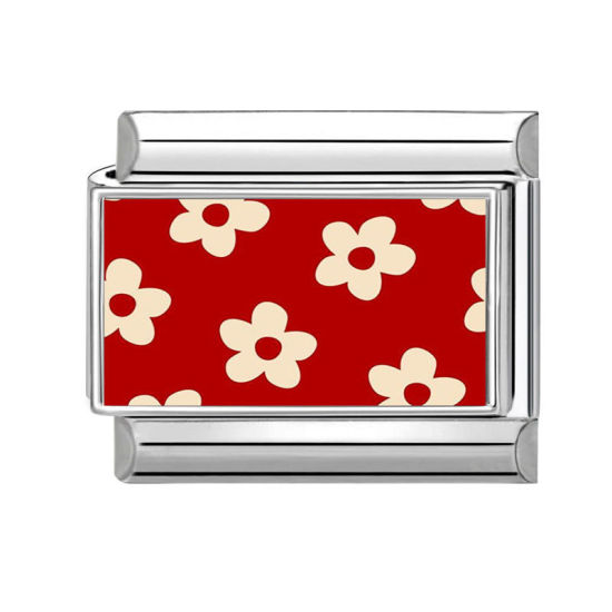 Bild von 1 Stück 304 Edelstahl Stilvoll Charm-Armband mit italienischen Gliedern zur Herstellung von DIY-Schmuck Silberfarbe Rot Rechteck Blumen 10mm x 9mm