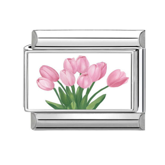 Bild von 1 Stück 304 Edelstahl Charm-Armband mit italienischen Gliedern zur Herstellung von DIY-Schmuck Silberfarbe Bunt Rechteck Tulpen 10mm x 9mm