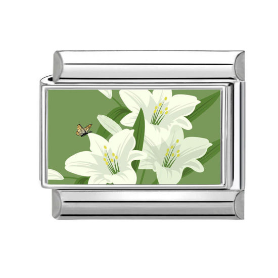 Bild von 1 Stück 304 Edelstahl Charm-Armband mit italienischen Gliedern zur Herstellung von DIY-Schmuck Silberfarbe Grün Rechteck Lilie 10mm x 9mm