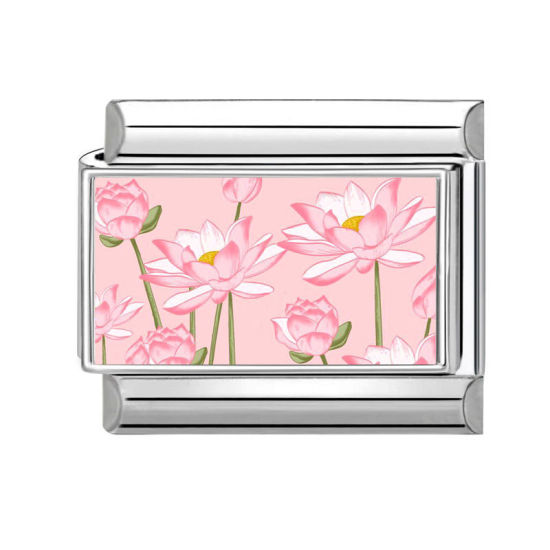 Bild von 1 Stück 304 Edelstahl Charm-Armband mit italienischen Gliedern zur Herstellung von DIY-Schmuck Silberfarbe Rosa Rechteck Lotosblume 10mm x 9mm