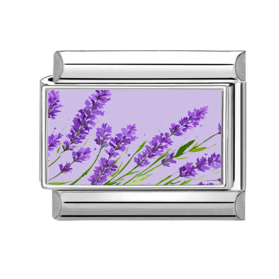 Bild von 1 Stück 304 Edelstahl Charm-Armband mit italienischen Gliedern zur Herstellung von DIY-Schmuck Silberfarbe Lila Rechteck Lavendel 10mm x 9mm