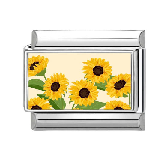 Bild von 1 Stück 304 Edelstahl Charm-Armband mit italienischen Gliedern zur Herstellung von DIY-Schmuck Silberfarbe Bunt Rechteck Sonnenblume 10mm x 9mm