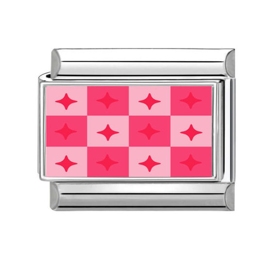 Picture of 1 Piece 304 Stainless Steel Stylish Italian Charm Links For DIY Bracelet Jewelry Making Silver Tone Red Rectangle Grid Checker 10mm x 9mm