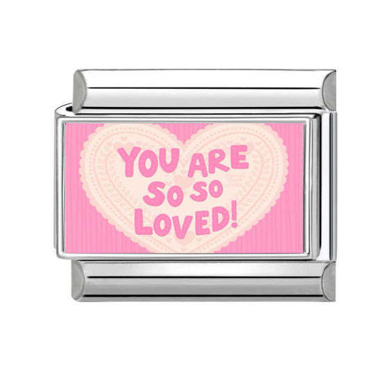 Picture of 1 Piece 304 Stainless Steel Valentine's Day Italian Charm Links For DIY Bracelet Jewelry Making Silver Tone Pink Rectangle Heart Message " You Are So So Loved " 10mm x 9mm