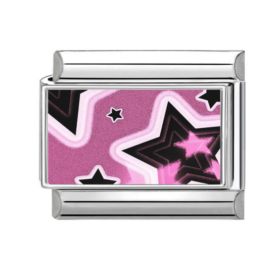Picture of 1 Piece 304 Stainless Steel Stylish Italian Charm Links For DIY Bracelet Jewelry Making Silver Tone Multicolor Rectangle Pentagram Star 10mm x 9mm