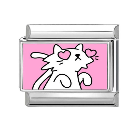 Picture of 1 Piece 304 Stainless Steel Stylish Italian Charm Links For DIY Bracelet Jewelry Making Silver Tone Pink Rectangle Cat 10mm x 9mm