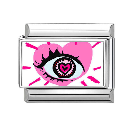 Picture of 1 Piece 304 Stainless Steel Stylish Italian Charm Links For DIY Bracelet Jewelry Making Silver Tone Multicolor Rectangle Eye 10mm x 9mm