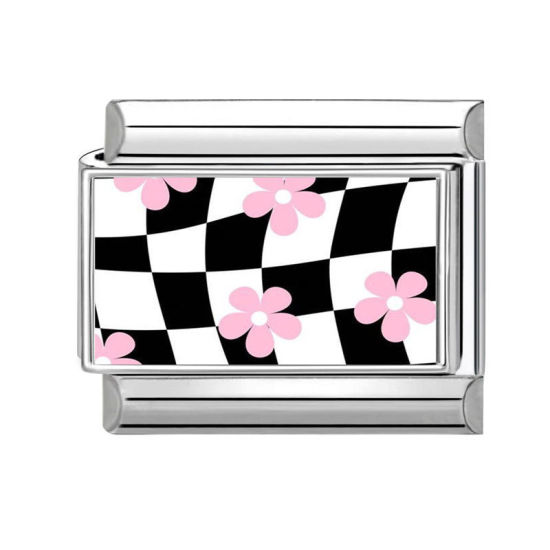 Picture of 1 Piece 304 Stainless Steel Stylish Italian Charm Links For DIY Bracelet Jewelry Making Silver Tone Multicolor Rectangle Flower 10mm x 9mm
