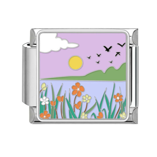 Bild von 1 Stück 304 Edelstahl Stilvoll Charm-Armband mit italienischen Gliedern zur Herstellung von DIY-Schmuck Silberfarbe Bunt Rechteck Naturlandschaft 10mm x 9mm