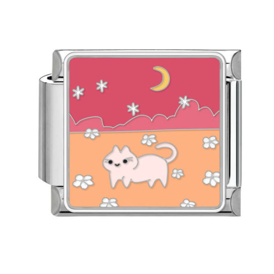 Immagine di 1 Pz 304 Acciaio Inossidabile Bracciale con Charm Italiano a Maglie, Creazione di Gioielli Fai-da-te Tono Argento Multicolore Rettangolo Gatto 10mm x 9mm