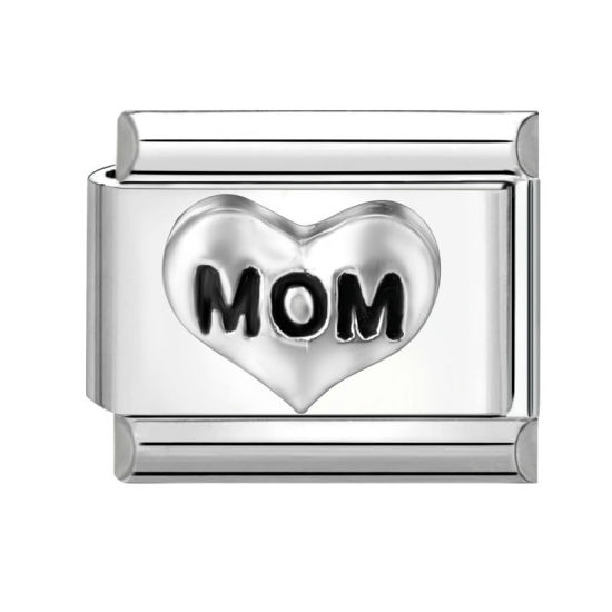 Bild von 1 Stück 304 Edelstahl Charm-Armband mit italienischen Gliedern zur Herstellung von DIY-Schmuck Silberfarbe Schwarz Rechteck Herz Message " Mom " 10mm x 9mm