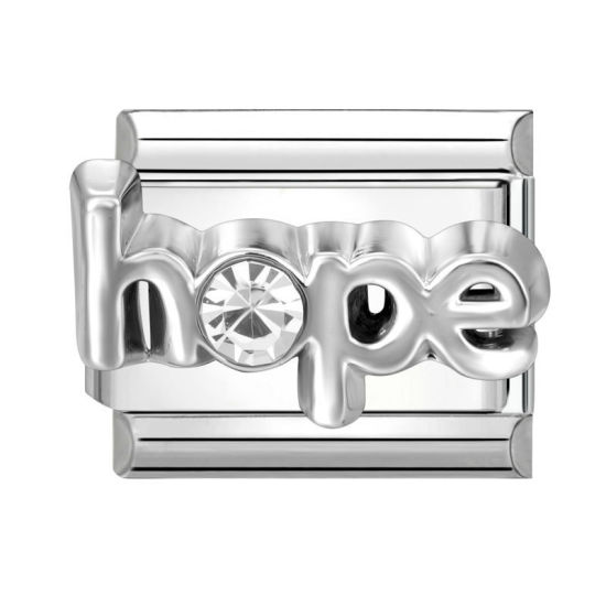 Immagine di 1 Pz 304 Acciaio Inossidabile Bracciale con Charm Italiano a Maglie, Creazione di Gioielli Fai-da-te Tono Argento Rettangolo Messaggio " Hope " Trasparente Strass 10mm x 9mm