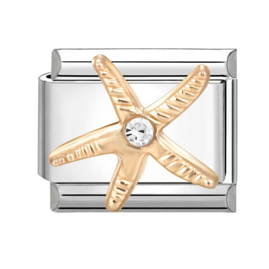 Bild von 1 Stück 304 Edelstahl Charm-Armband mit italienischen Gliedern zur Herstellung von DIY-Schmuck Silberfarbe Rechteck Seesterne Transparent Strass 10mm x 9mm