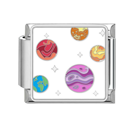 Bild von 1 Stück 304 Edelstahl Stilvoll Charm-Armband mit italienischen Gliedern zur Herstellung von DIY-Schmuck Silberfarbe Bunt Rechteck Universum Planeten 10mm x 9mm