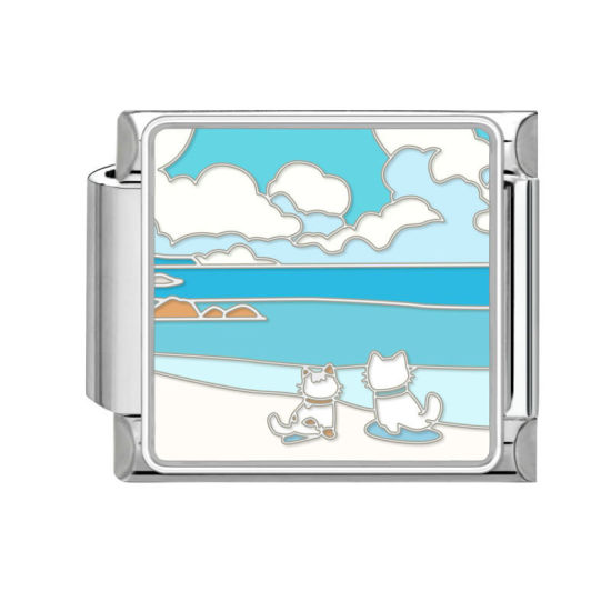 Immagine di 1 Pz 304 Acciaio Inossidabile Bracciale con Charm Italiano a Maglie, Creazione di Gioielli Fai-da-te Tono Argento Multicolore Rettangolo Gatto 10mm x 9mm