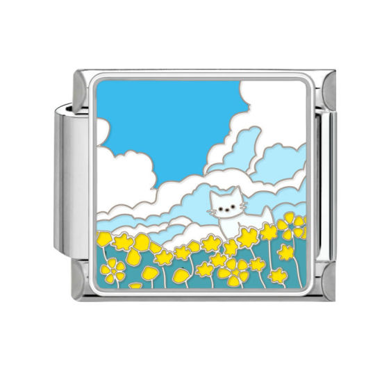 Immagine di 1 Pz 304 Acciaio Inossidabile Bracciale con Charm Italiano a Maglie, Creazione di Gioielli Fai-da-te Tono Argento Multicolore Rettangolo Gatto 10mm x 9mm