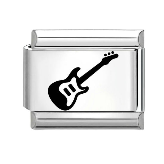 Bild von 1 Stück 304 Edelstahl Stilvoll Charm-Armband mit italienischen Gliedern zur Herstellung von DIY-Schmuck Silberfarbe Schwarz Rechteck Gitarre 10mm x 9mm