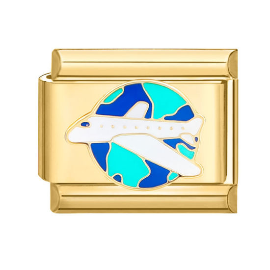 Bild von 1 Stück 304 Edelstahl Stilvoll Charm-Armband mit italienischen Gliedern zur Herstellung von DIY-Schmuck Vergoldet Bunt Rechteck Flugzeug 10mm x 9mm