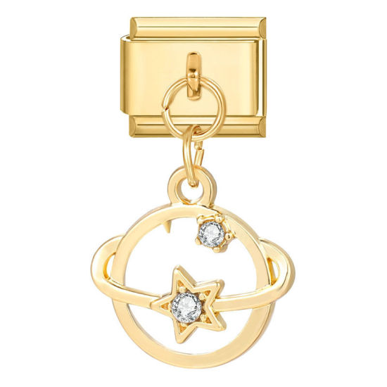 Bild von 1 Stück 304 Edelstahl Stilvoll Charm-Armband mit italienischen Gliedern zur Herstellung von DIY-Schmuck Vergoldet Planet Transparent Strass 10mm x 9mm