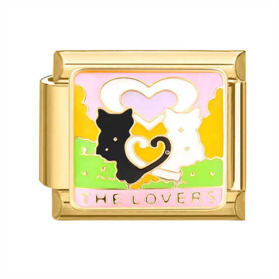 Bild von 1 Stück 304 Edelstahl Stilvoll Charm-Armband mit italienischen Gliedern zur Herstellung von DIY-Schmuck Vergoldet Bunt Rechteck Katze 10mm x 9mm