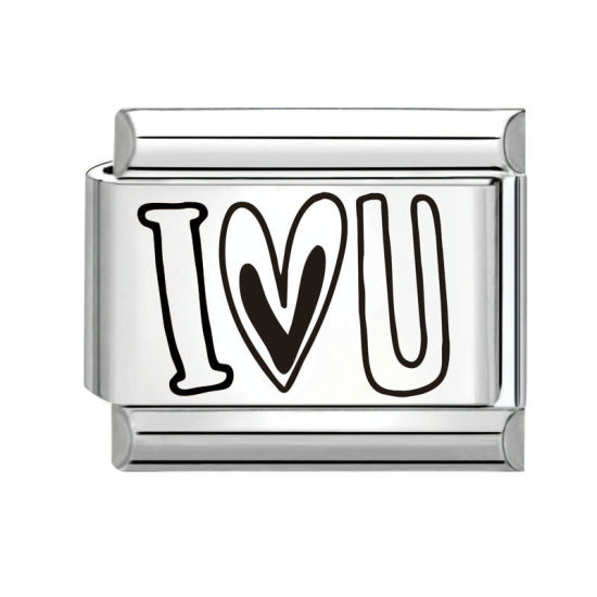 Immagine di 1 Pz 304 Acciaio Inossidabile Elegante Bracciale con Charm Italiano a Maglie, Creazione di Gioielli Fai-da-te Tono Argento Nero Rettangolo Messaggio " I Love you " 10mm x 9mm