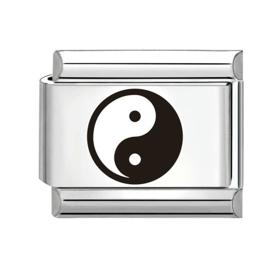 Bild von 1 Stück 304 Edelstahl Stilvoll Charm-Armband mit italienischen Gliedern zur Herstellung von DIY-Schmuck Silberfarbe Schwarz Rechteck Yin Yang Symbol 10mm x 9mm