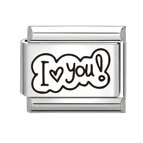 Immagine di 1 Pz 304 Acciaio Inossidabile Elegante Bracciale con Charm Italiano a Maglie, Creazione di Gioielli Fai-da-te Tono Argento Nero Rettangolo Messaggio " I Love you " 10mm x 9mm