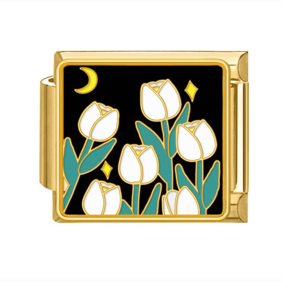 Immagine di 1 Pz 304 Acciaio Inossidabile Bracciale con Charm Italiano a Maglie, Creazione di Gioielli Fai-da-te Oro Placcato Multicolore Rettangolo Fiore 10mm x 9mm