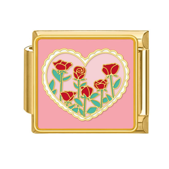 Immagine di 1 Pz 304 Acciaio Inossidabile San Valentino Bracciale con Charm Italiano a Maglie, Creazione di Gioielli Fai-da-te Oro Placcato Multicolore Rettangolo Cuore 10mm x 9mm