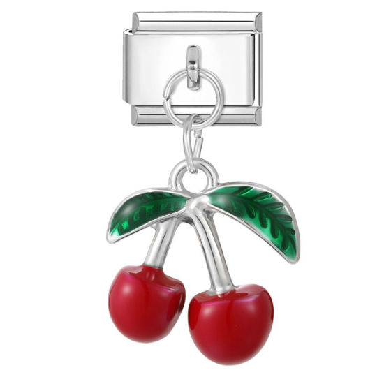 Immagine di 1 Pz 304 Acciaio Inossidabile Elegante Bracciale con Charm Italiano a Maglie, Creazione di Gioielli Fai-da-te Tono Argento Rosso Ciliegia 10mm x 9mm