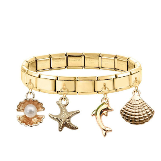 Bild von 1 Stück 304 Edelstahl Stilvoll Charm-Armband mit italienischen Gliedern zur Herstellung von DIY-Schmuck Vergoldet Seesterne 10mm x 9mm
