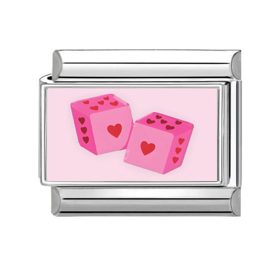 Picture of 1 Piece 304 Stainless Steel Stylish Italian Charm Links For DIY Bracelet Jewelry Making Silver Tone Pink Rectangle Dice 10mm x 9mm