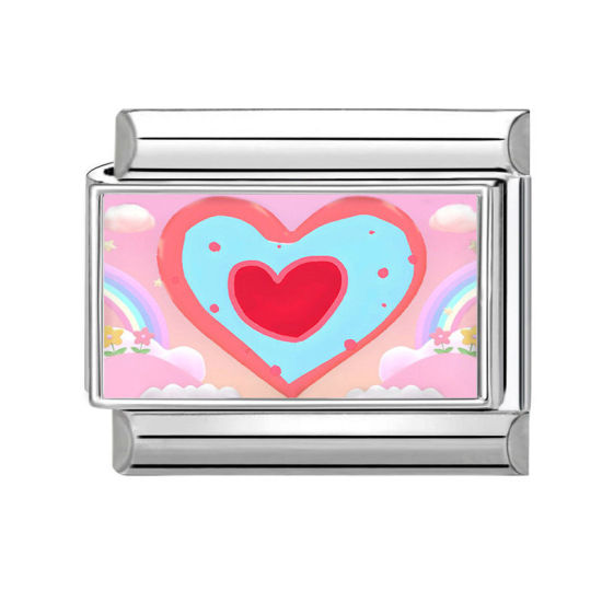 Picture of 1 Piece 304 Stainless Steel Stylish Italian Charm Links For DIY Bracelet Jewelry Making Silver Tone Multicolor Rectangle Heart 10mm x 9mm