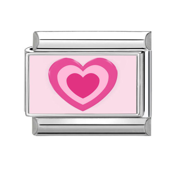 Picture of 1 Piece 304 Stainless Steel Valentine's Day Italian Charm Links For DIY Bracelet Jewelry Making Silver Tone Pink Rectangle Heart 10mm x 9mm